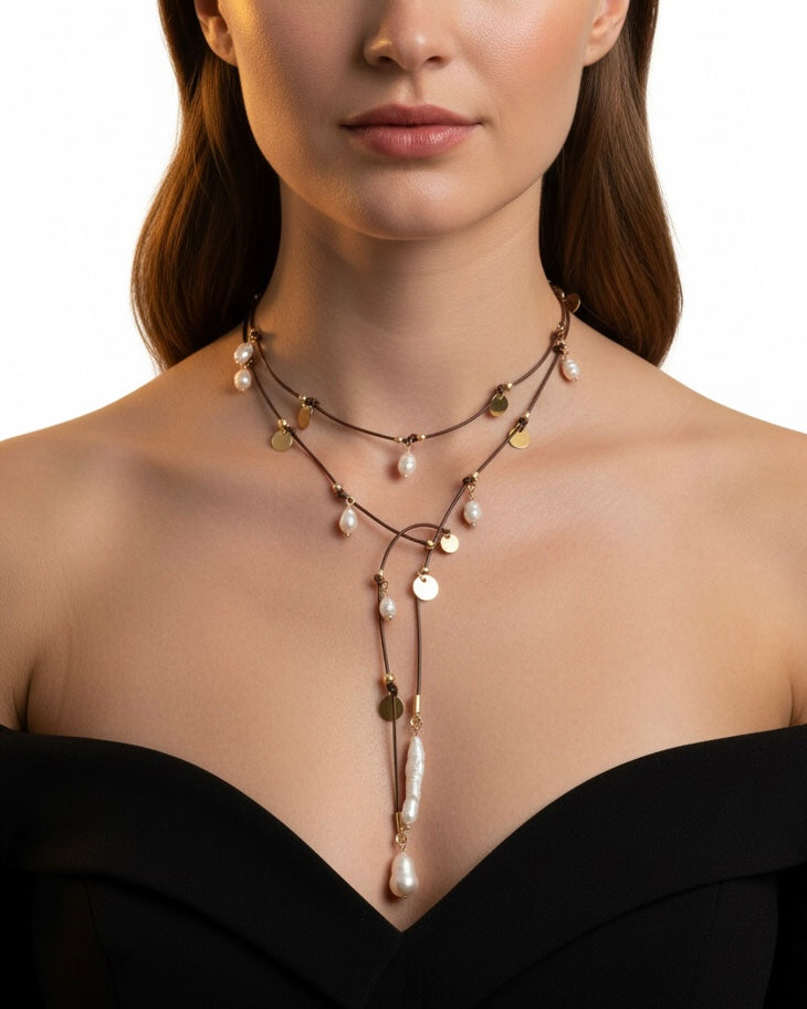 Collar Nudo Cuero Perlas
